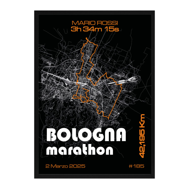 Traccia 3D Maratona di Bologna 2025, stampa con cornice Bianca o Nera formato A4 o A3 – Running Bologna