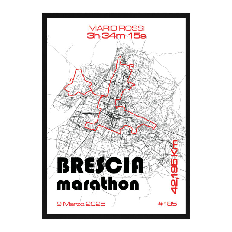 Traccia 3D Maratona di Brescia 2025, stampa con cornice Bianca o Nera formato A4 o A3 – Running Brescia
