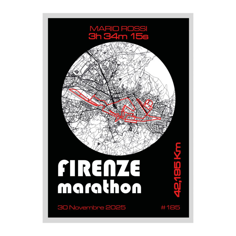 Traccia 3D Maratona di Firenze 2025, stampa con cornice Bianca o Nera formato A4 o A3 – Running Firenze